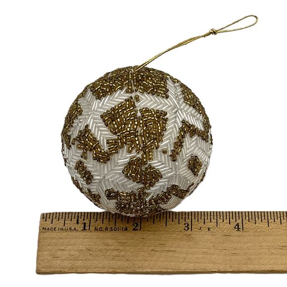 Beaded Christmas Ball Ornaments Handmade White Gold Beads Holiday Tree Decor - Picture 6 of 6